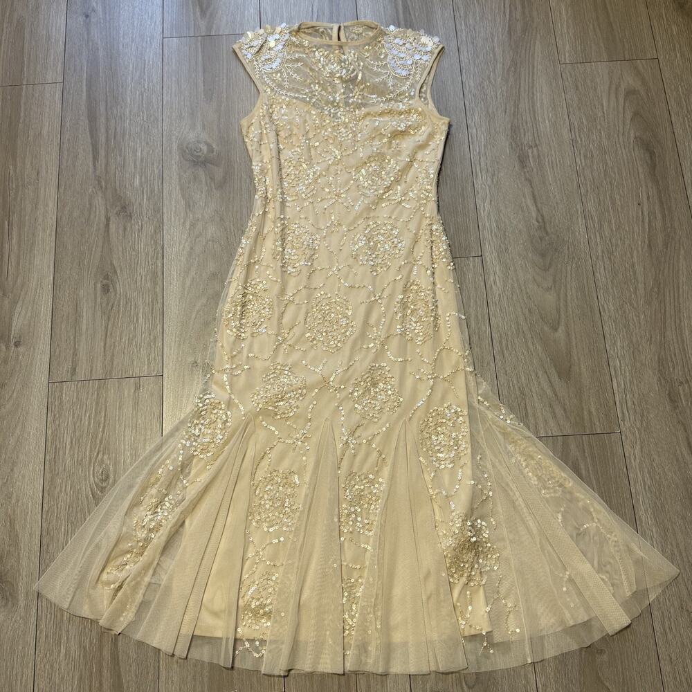NWT Adrianna Papell Womens Beaded Sequined Sleeveless Midi Champagne/nude 6 - Picture 3 of 16